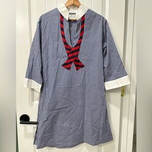 Crab & Cleek Blue Striped Faux Sill Necktie Tunic Top